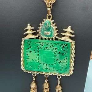 1970s Unsigned Hattie Carnegie Carved Resin Buddha Statement Plaque necklace